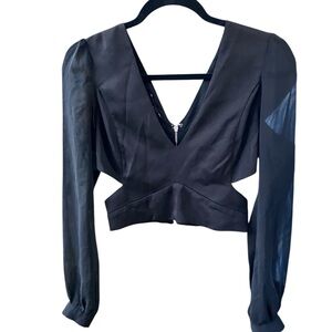 Chic V-Neck w Zipper Women's Crop Black Blouse